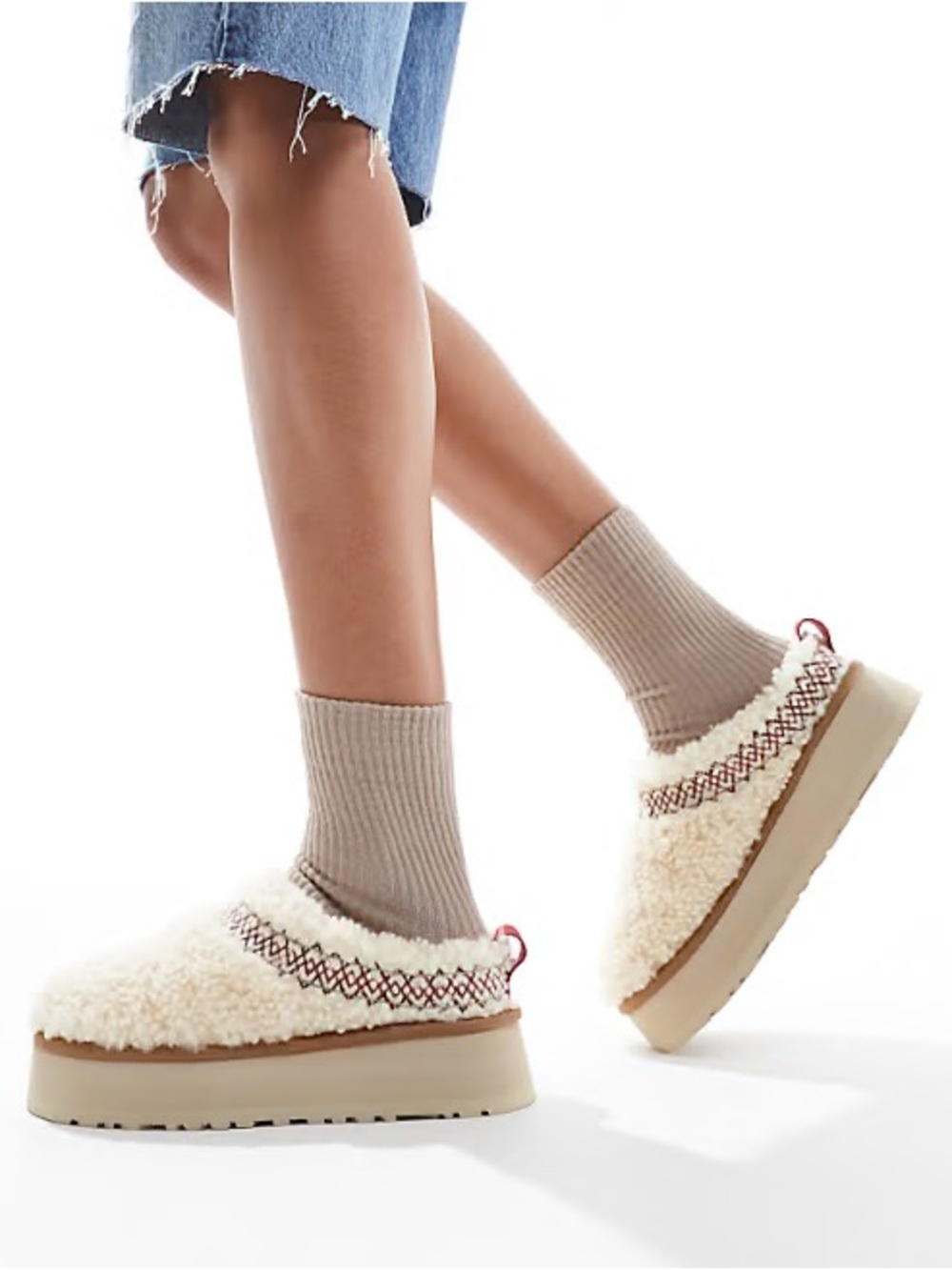 UGG Tazz Braid Platform Mule Slippers White Borg Shearling Clog Womens Size 7